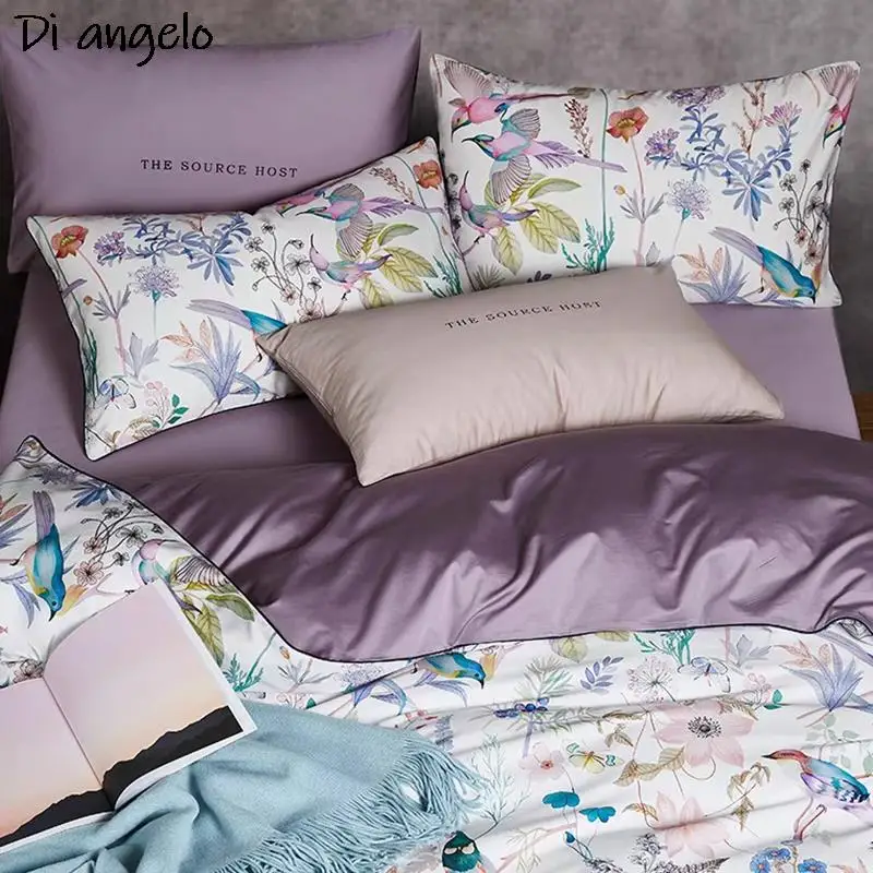 Flower Bird Digital Printing Bedding Sets 600TC Egyptian Cotton 4pcs Bed Linen Duvet Cover Set Luxury Bed Sheets Pillowcases #s 3