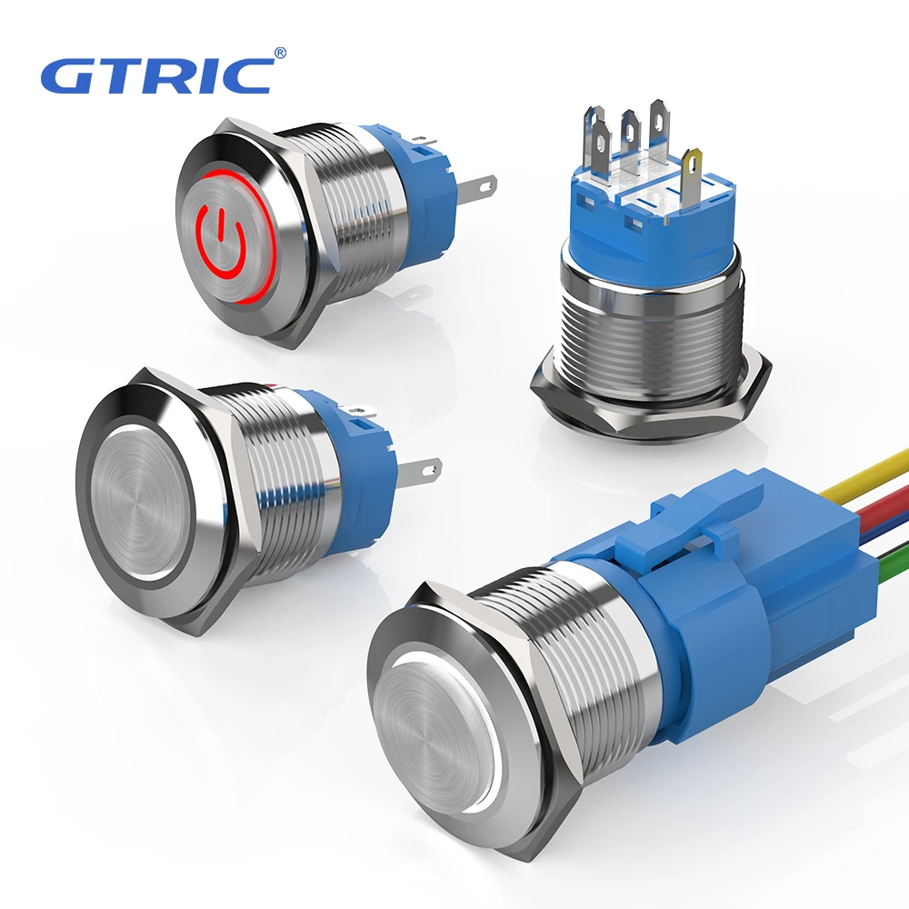 GTRIC M22 시리즈 금속 푸시 단추 스위치 링 램프 전원 기호, 방수 LED 조명, 1NO1NC 자동 잠금 자체 복원 단추