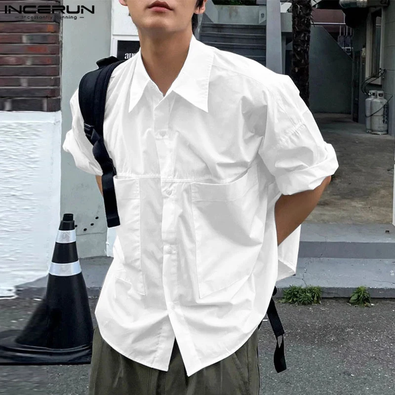 

Топы INCERUN 2024, Мужская модная простая укороченная блузка в Корейском стиле, Повседневная Уличная одежда, мужские однотонные рубашки с коротким рукавом и лацканами, Женская