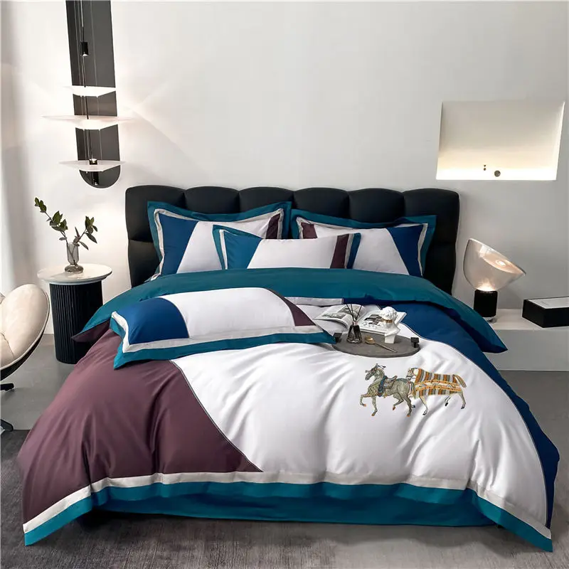 Waliicorners Queen King Quilt Duvet Cover Set Bed Linen Pillow Shams 1000TC Egyptian Cotton Horse Embroidery Luxury Bedding Set 18 S7ec02b3a0fb94ee98afce968d22f4e506