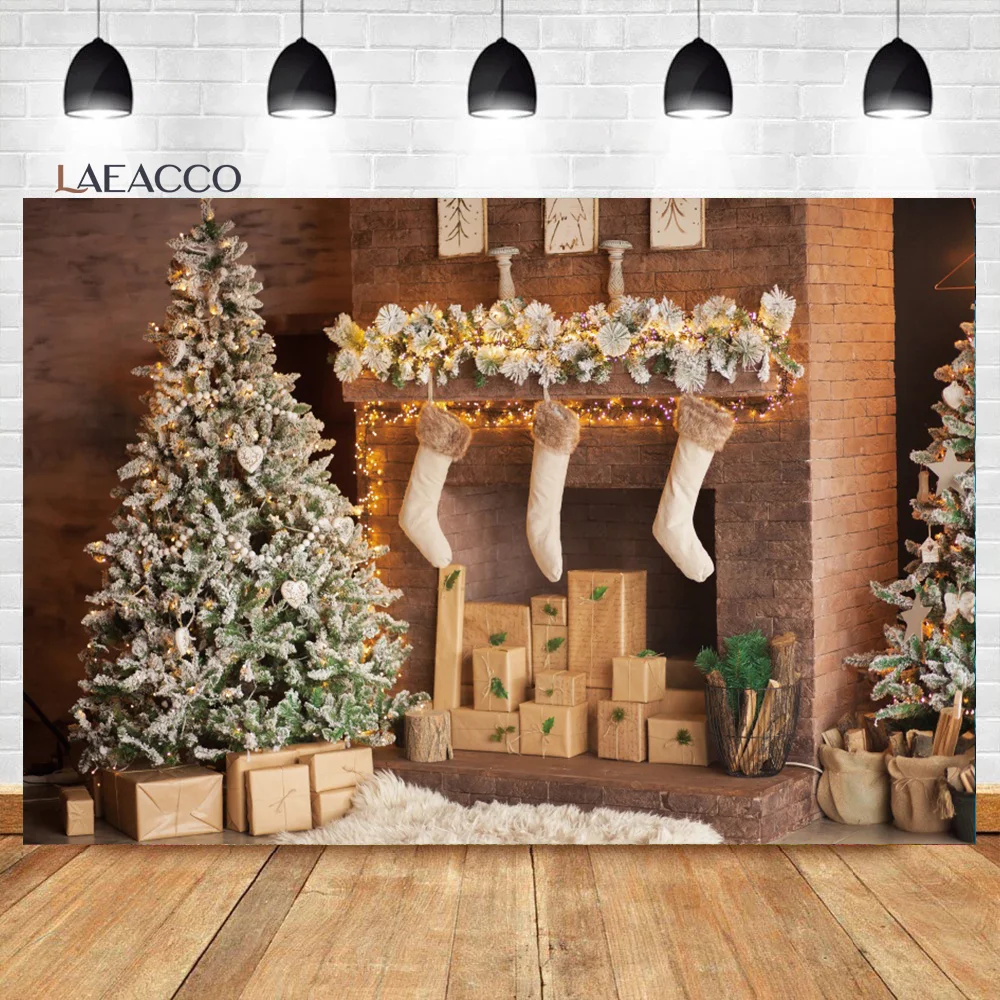 

Laeacco Christmas Fireplace Backdrop Stocking Xmas Tree Interior Living Room Decor Kids Birthday Portrait Photography Background