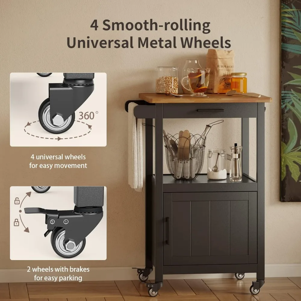 Kitchen Island Cart on Wheels with Drawer, Storage Cabinet, Shelf and Side Hook, Rolling Kitchen Cart with Rubber Wood Coun 3