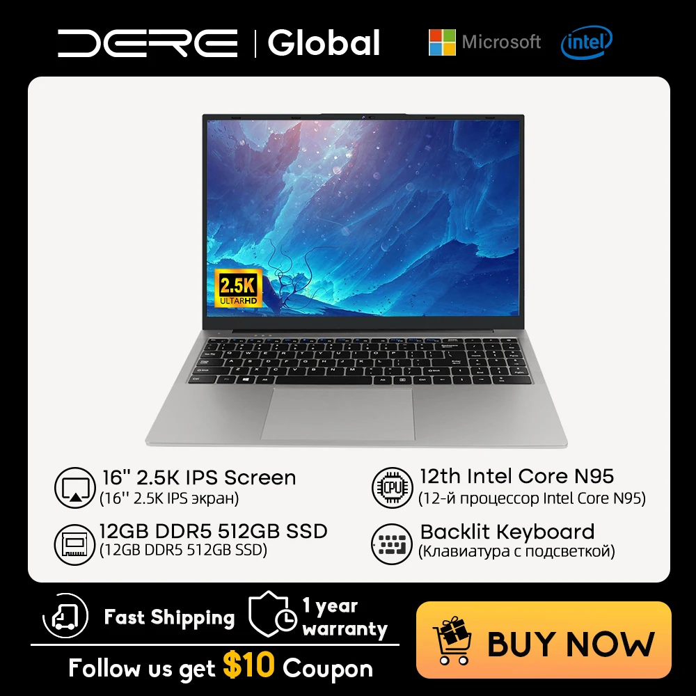 

DERE R16 Pro Laptops 16 Inch 2.5K IPS Intel N95 12GB RAM 512GB SSD Pc Portable Laptop Windows 11 Office Notebook