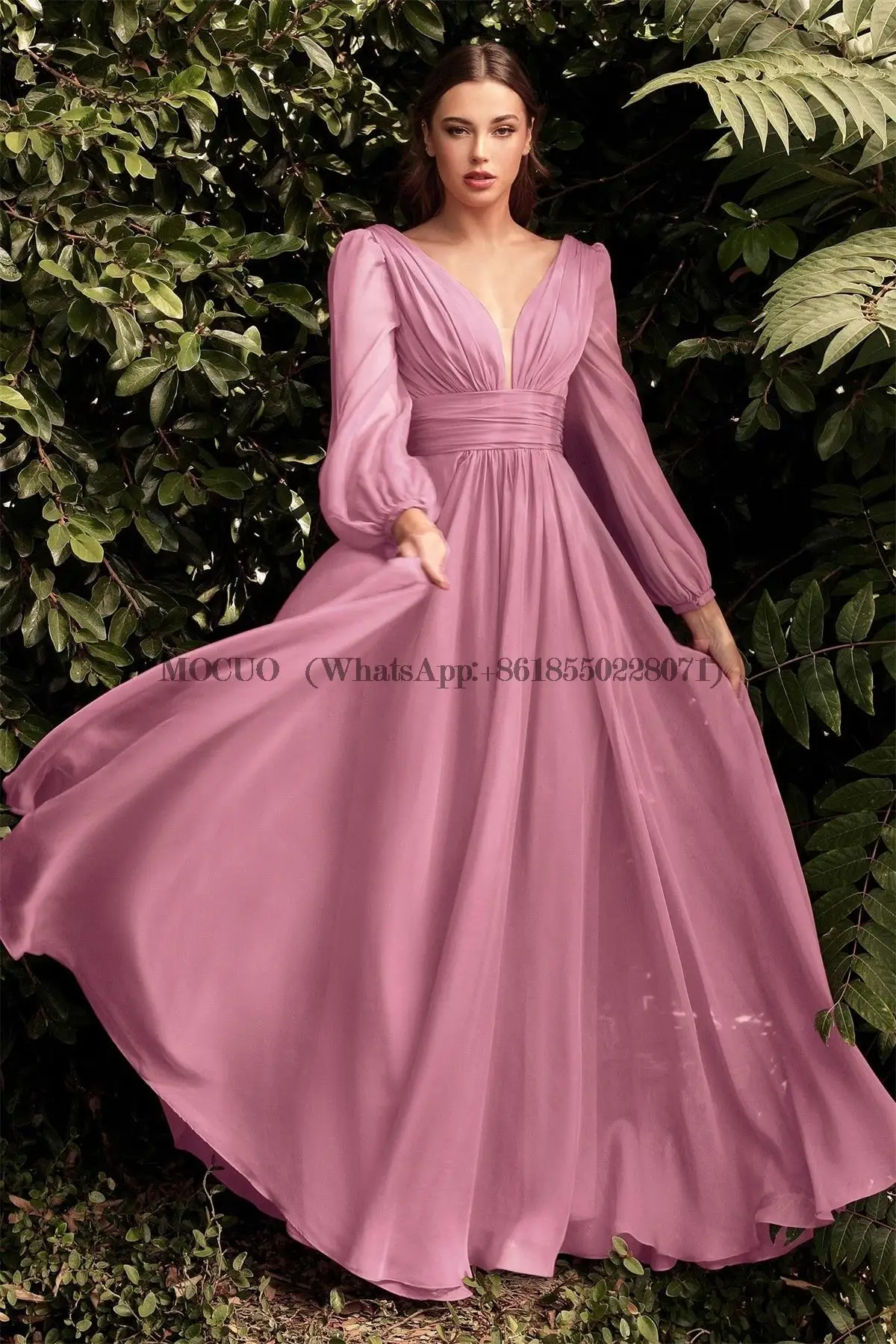 

Chiffon V Neck Evening Dresses 2023 Pleated Empire Waist Full Sleeves A Line Formal Prom Party Gowns Floor Length