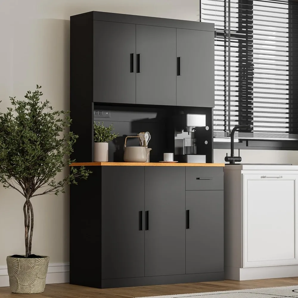 Black Kitchen Pantry Cabinet,Storage Cabinet with Power Outlet, Freestanding Kitchen Hutch with countertop