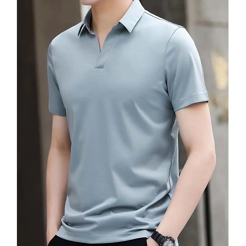 

Mulberry Silk Collar Short-sleeved T-shirt Men's Ice Mercerized Cotton Silk V-neck Polo Shirt Tide Brand Half-sleeve Comfortable