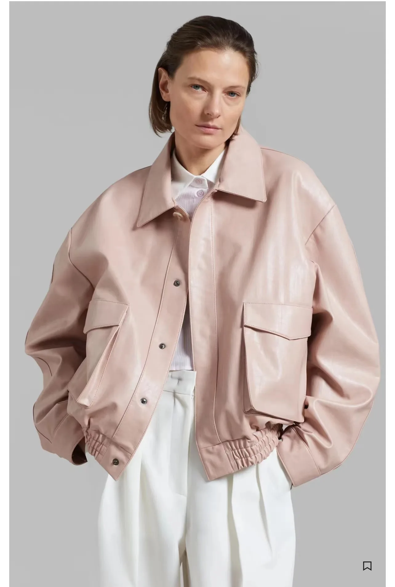 Classic Leather Jacket    Women's Double Pockets, Pink womens Coats, Loose, Casual, Monochromatic, vintage style Jackets, Outerwear for woman Autumn, Winter Spring Season