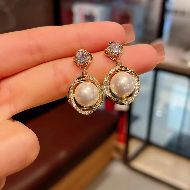 Gold Electroplated Zircon Bow Round Pearl Drop Earrings Korean