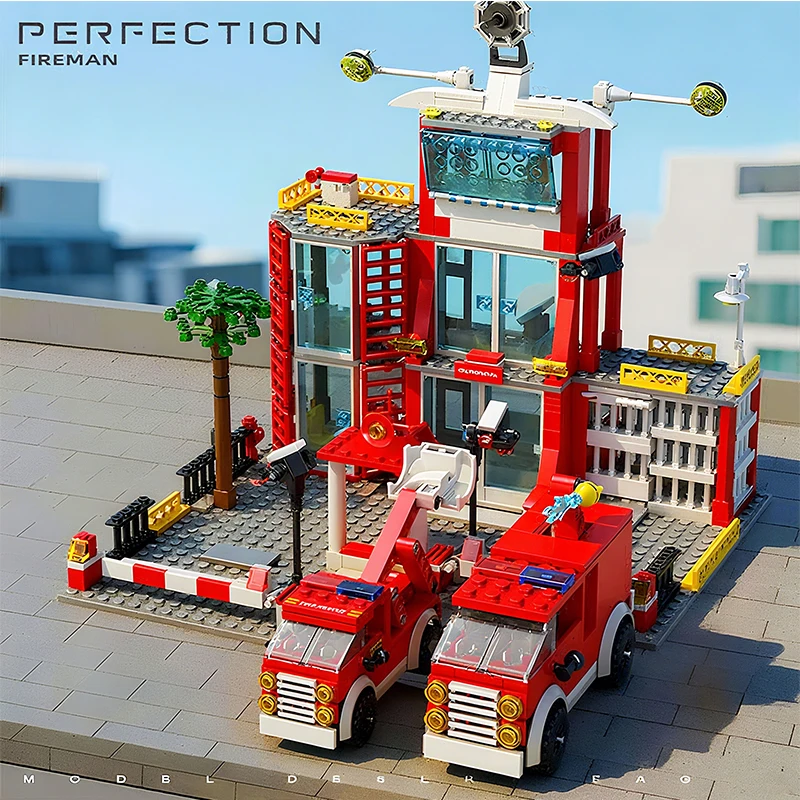 Police and Fire Station Building Blocks Set with Rescue Truck Car Figures Constr