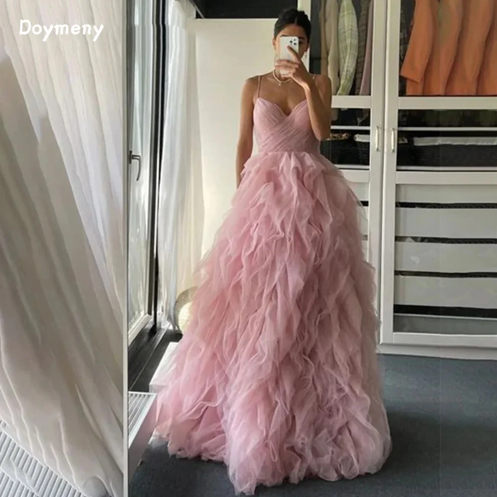 

Doymeny Spaghetti Straps Prom Dresses Ruffled Tulle Evening Dresses Floor Length A-line Sleeveless for prom