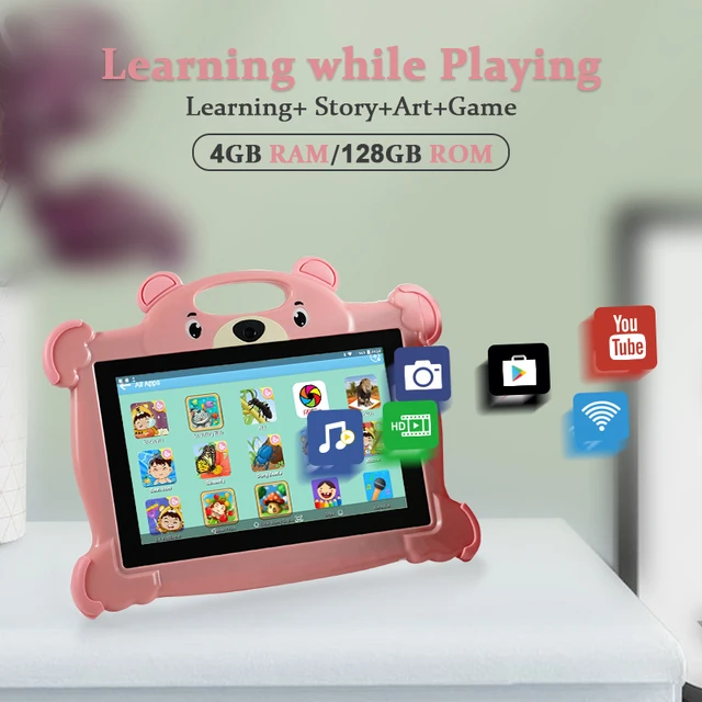 Atouch-子供向けの10インチピンクのタブレット,Android 11,4GB,128GB,wifi,1280*800 hd,スクリーン,学習,6000mah,スタンド付き
