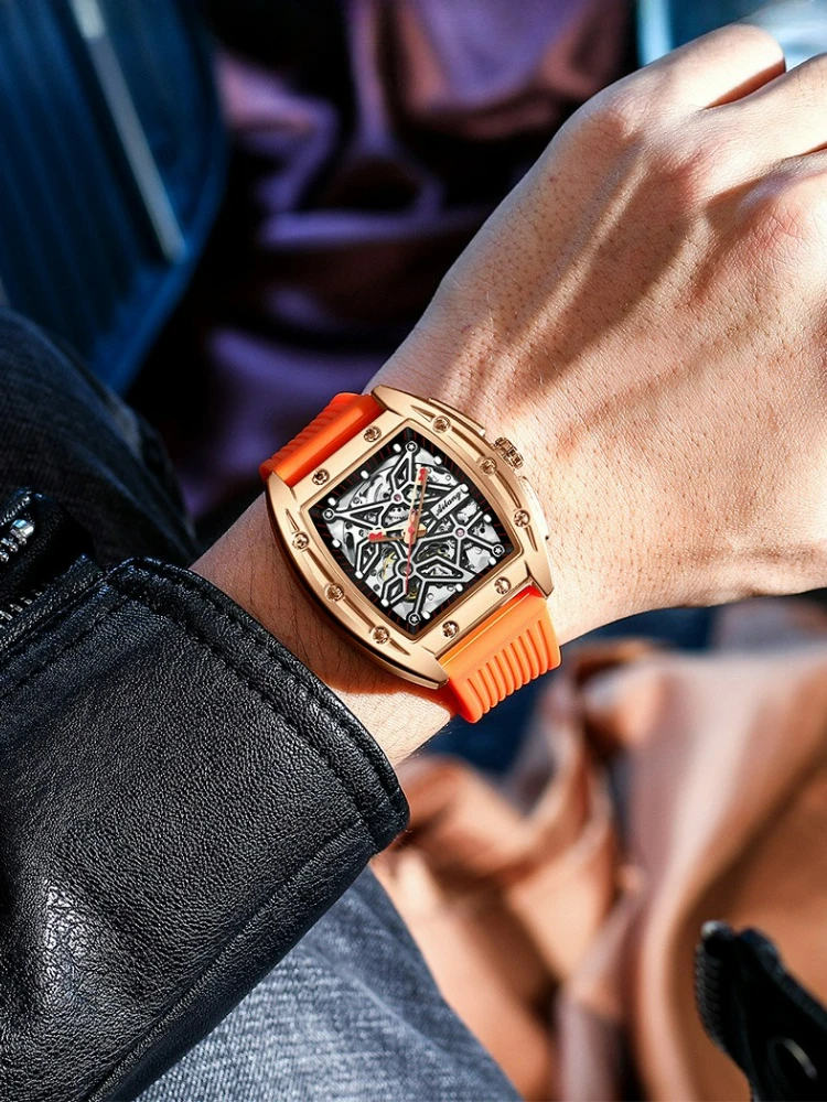 AILANG Herren Automatik-Mechanische Uhr - Tonneau Skelett-Zifferblatt 3ATM Wasserdicht Herrenuhr Leuchtende Gummiarmband Armbanduhr – Detail 8