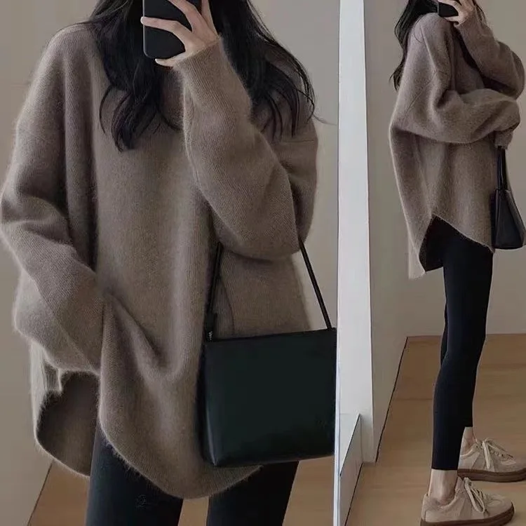 

Casual Loose Knit Pullover Women Solid O-neck Fluffy Sweater Female 2023 Autum Warm Soft Fashion Long Sleeve Lady Knitwear