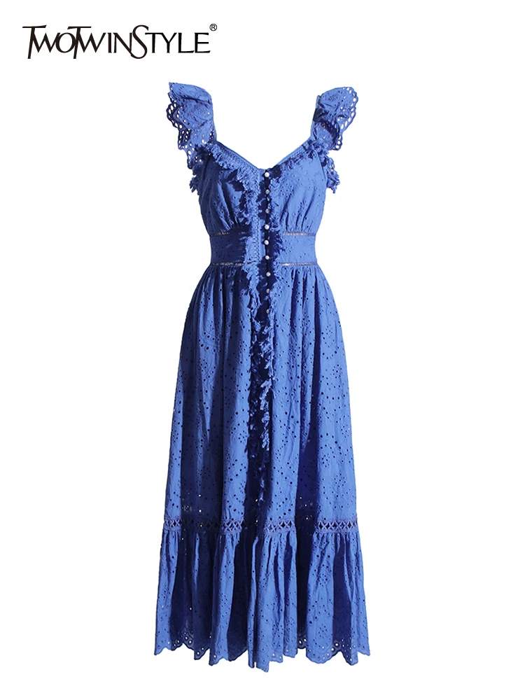 

TWOTWINSTYLE Patchwork Embroidery Dresses For Women V Neck Sleeveless High Waist Slimming Solid A Line Dress Female Fashion 2023