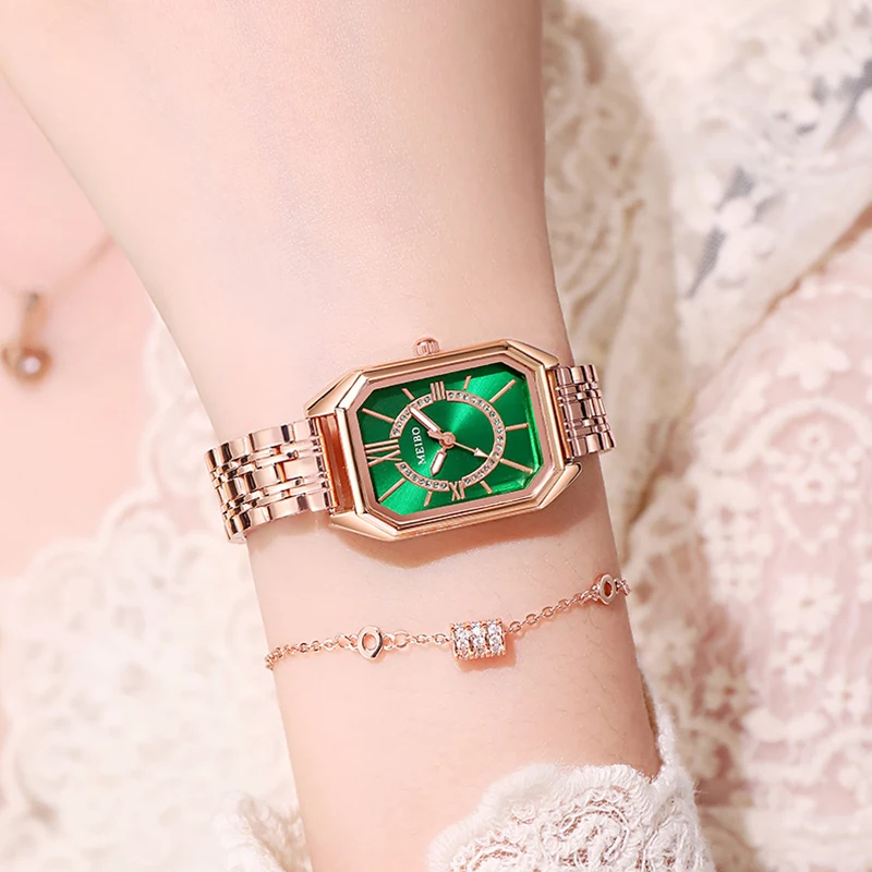 

New Women Watches Fashion Square Ladies Quartz Watch Bracelet Set Green Dial Simple Rose Gold Steel Female Luxury Women Watches
