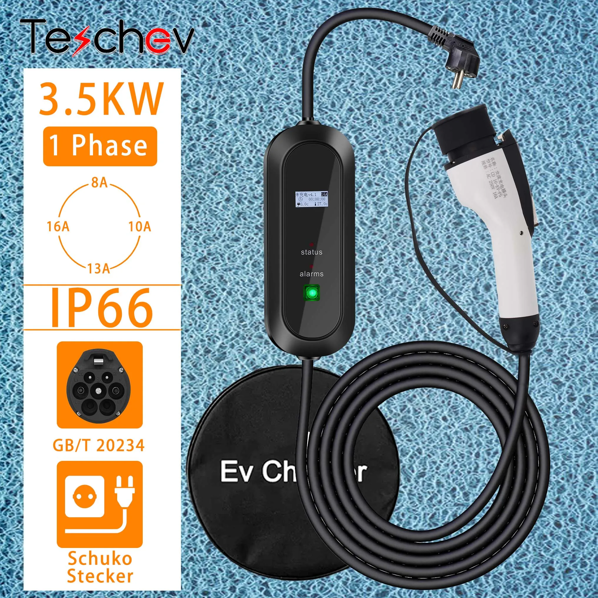 

Teschev Portable EV Charger Wallbox GB/T Cord 16A Cable 3.5KW 1Phase 32A 7KW Charging Station for Electric Car