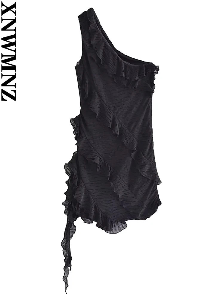 

XNWMNZ Women's Fashion 2023 Pleated Asymmetric Neck dress Women Vacation Style Flowing Ruffles Female Mini Dresses