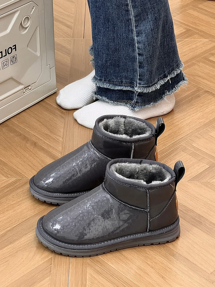 

Женские зимние ботинки с круглым носком, плюшевая женская обувь, зимняя обувь, женские ботильоны на Плоском Каблуке с мехом, кожаная обувь на среднем каблуке из микрофибры, 2023