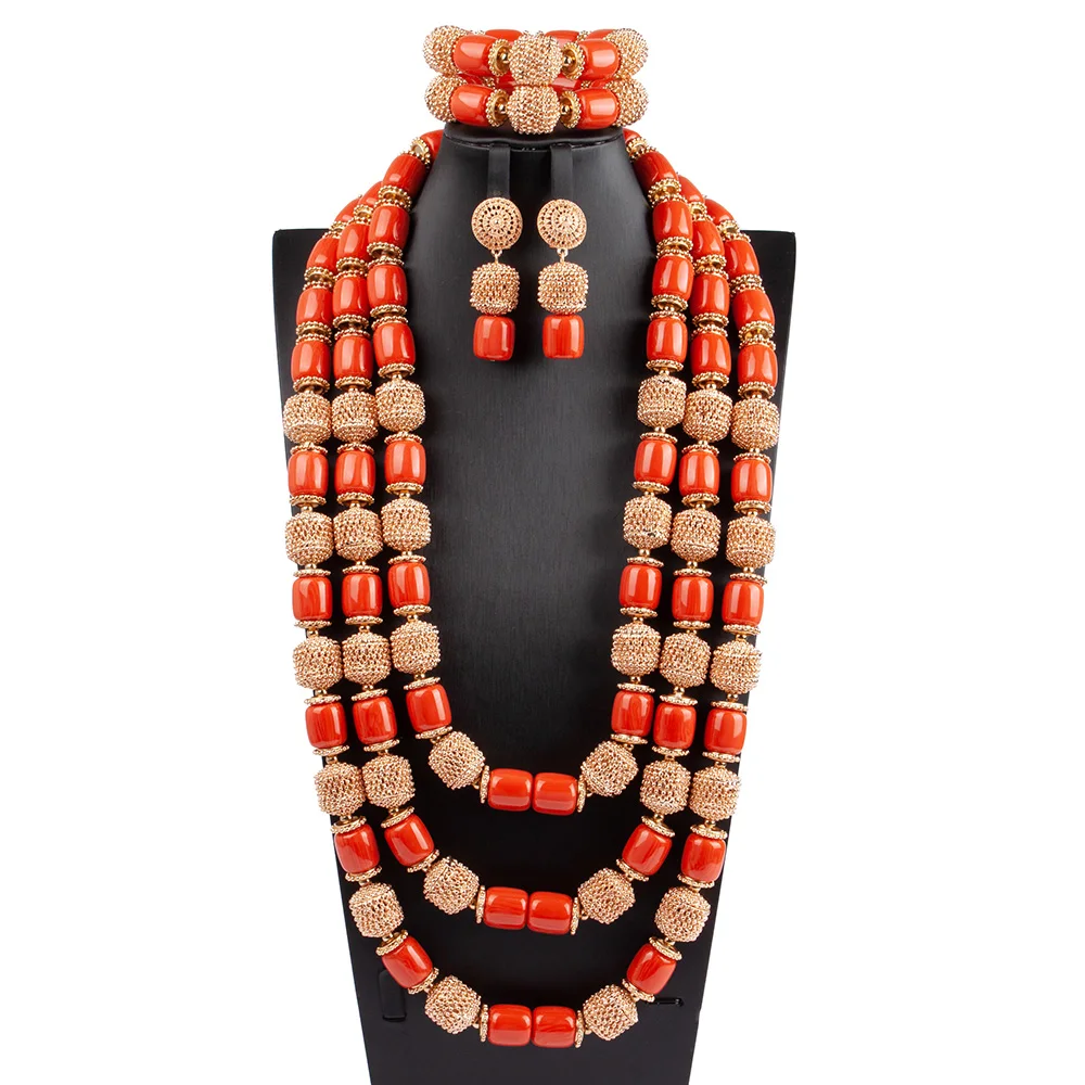 Luxury 3 Layers Artificial Coral Beads African Jewelry Set Coral and