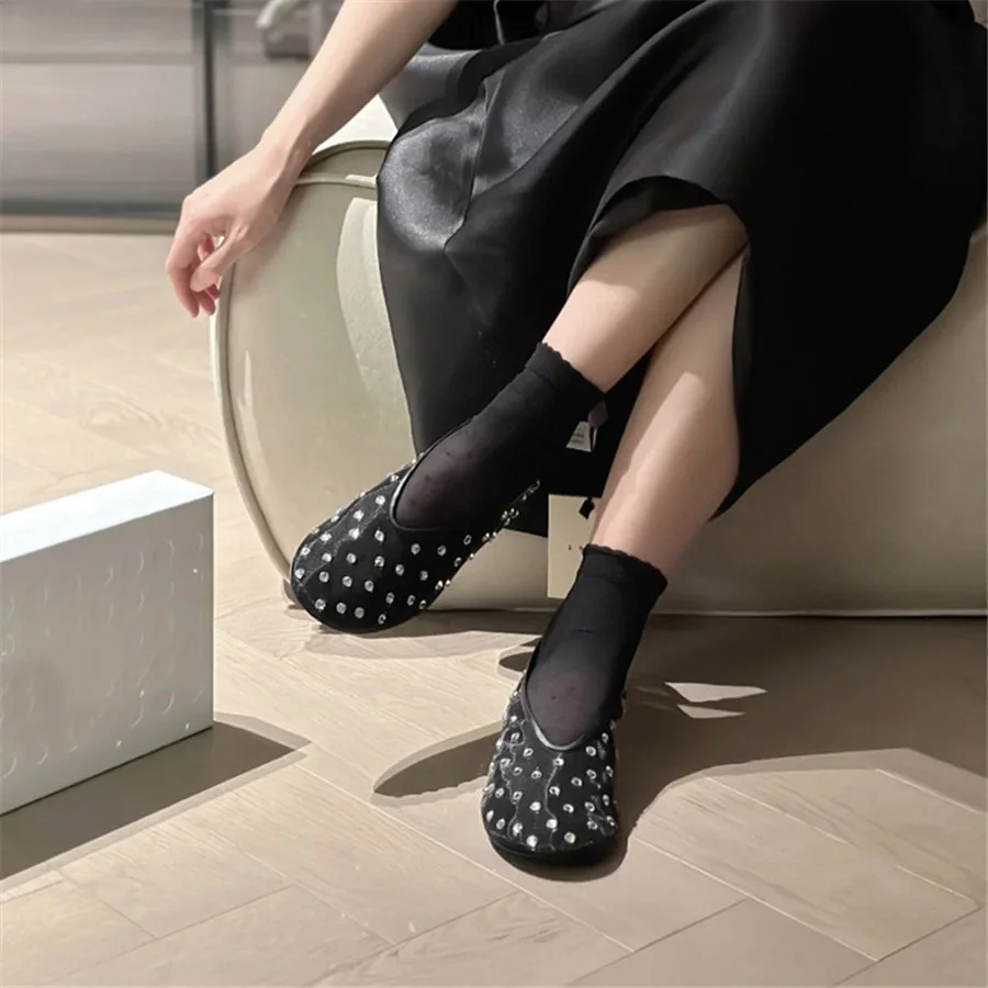 Crystal Studded Women Ballet Flats Mesh Dance Flat Shoes Casual Driving Walking Loafers Espadrilles Ladies Slip-on Lazy Shoes