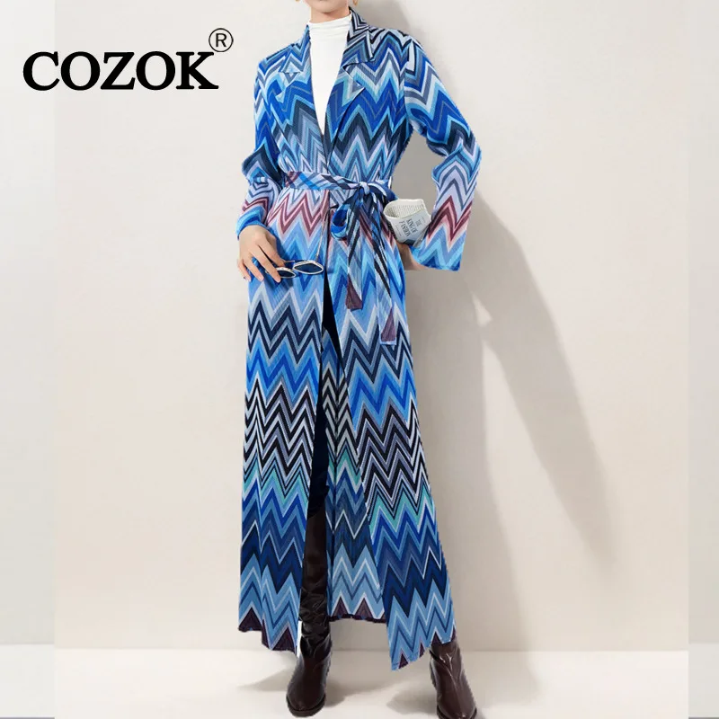 

COZOK Fashion Pleated Trench Coat Lapel Collar Lace-up Women 2024 Spring New Contrast Colors Patchwork Loose Windcheater WT893