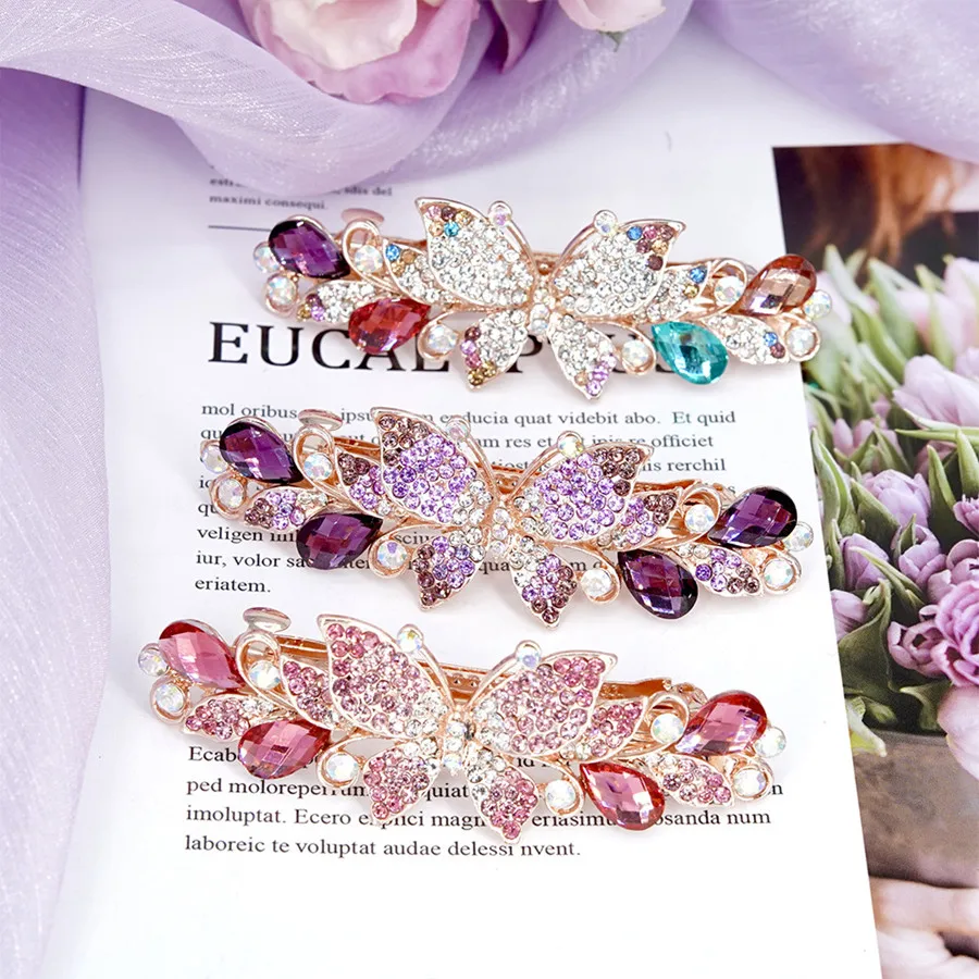 Sell well Fashion Crystal Zircon Butterfly Hair Clip Flower Spring Clip pink Cute Women Girls Headdress Accessories wholesale