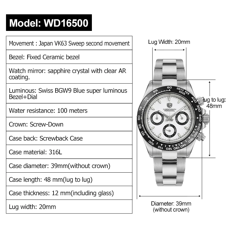 Watchdives WD16500 Quartz Watch VK63 Sweep Second Movement BGW9 Luminous Wristwatch 100m Waterproof Sapphire Crystal Watches