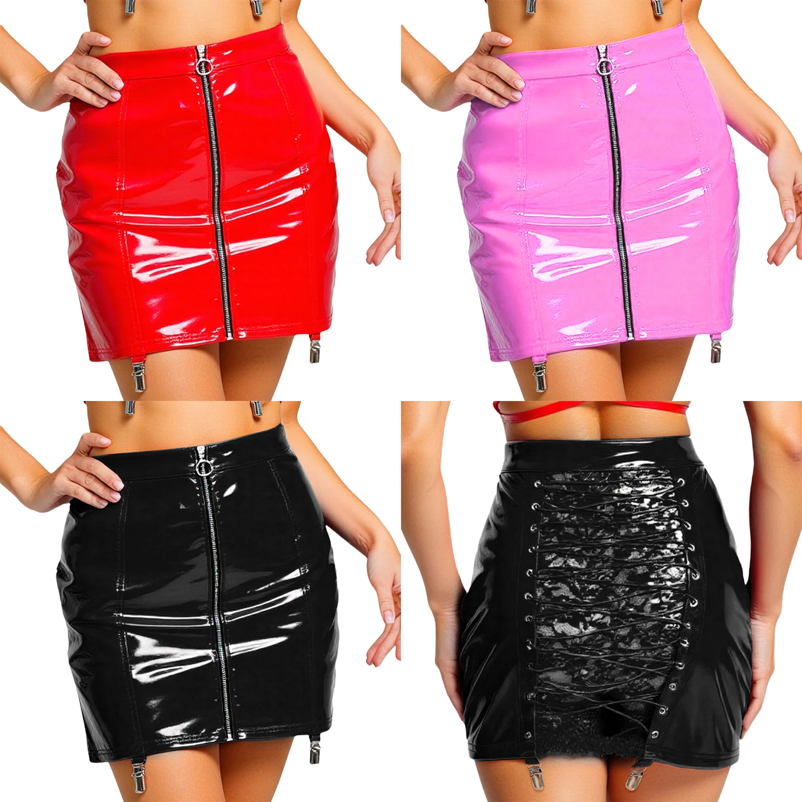 Womens Front Zipper Back Bodycon Mini Skirt Wet Look PU Leather Latex Miniskirt Sheer Floral Lace-up Sexy Gothic Skirts Clubwear
