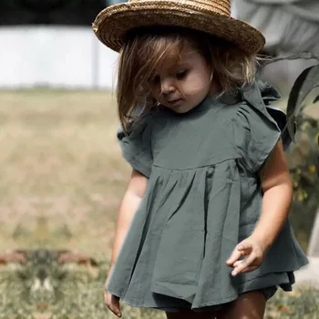 Set di vestiti casual per neonate Top senza maniche in cotone e lino tinta unita Pantaloncini Set di abbigliamento per bambini Abiti a pieghe per ragazze