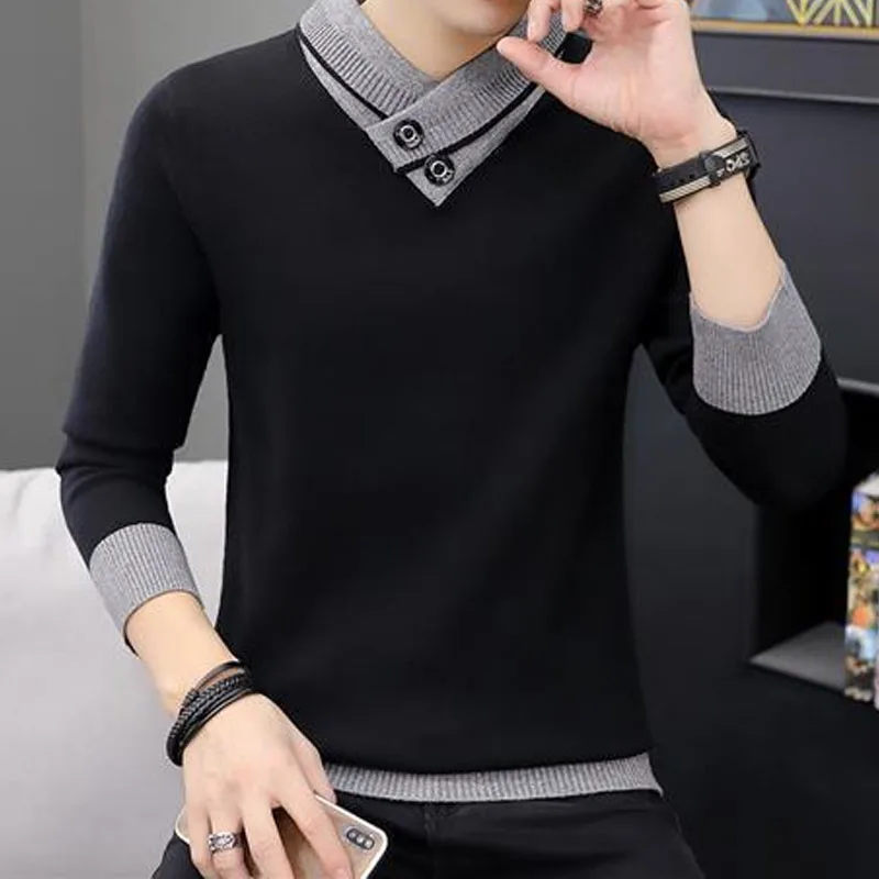 2023 가을 겨울 남성 터틀넥 두꺼운 긴 소매 스웨터 한국 트렌드 솔리드 컬러 스플 라이스 니트 풀오버 남성 의류
