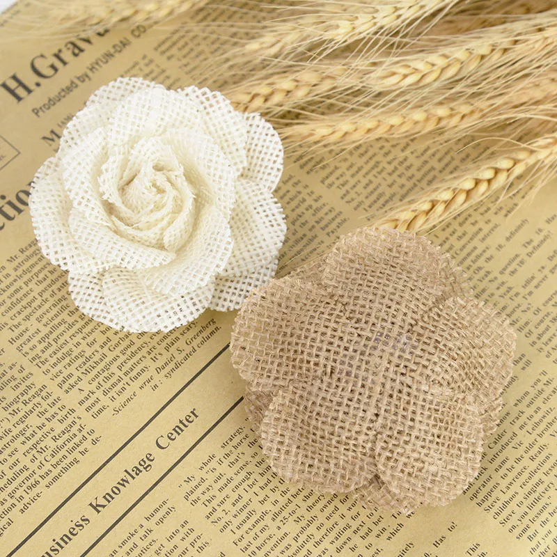 Beige and Wheat Colored Burlap Ribbons and Petals with Burlap Flowered  Center