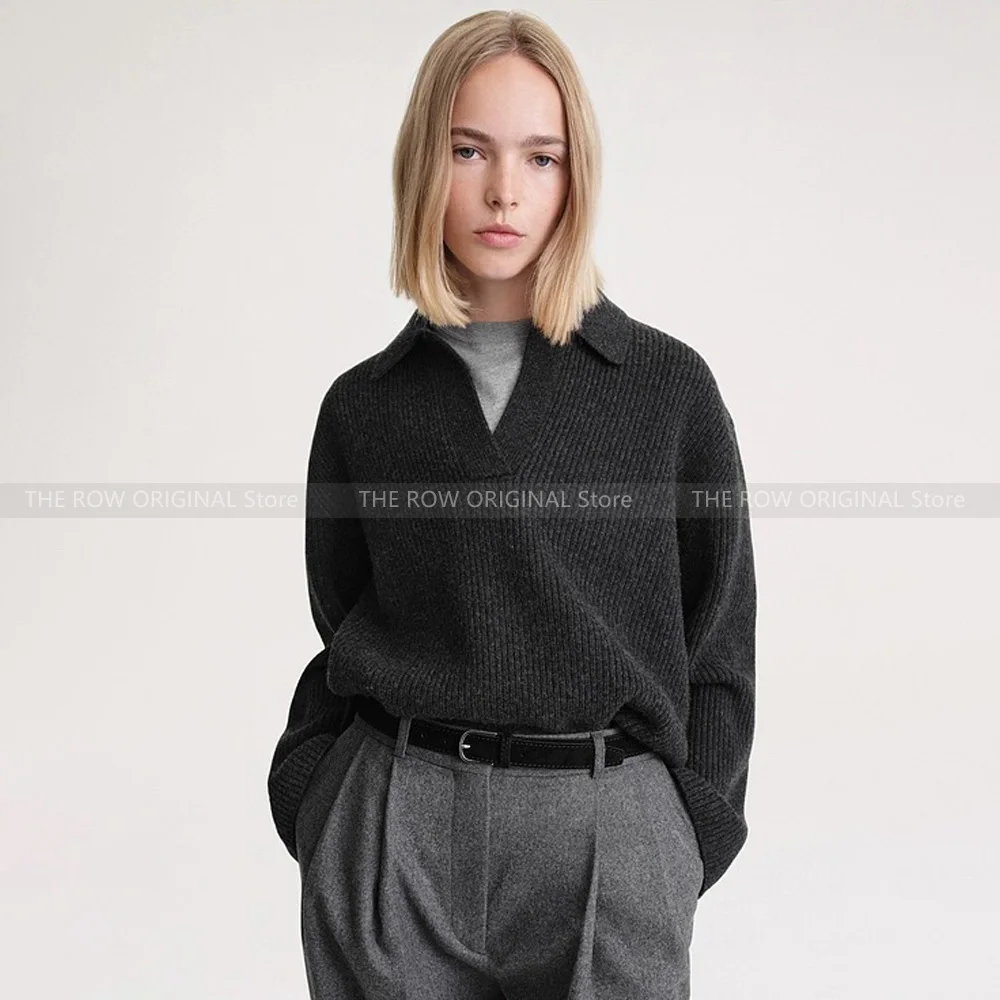 

T@teme niche retro polo collar thin lazy hem open ribbed knit wool knit long sleeve jumper women