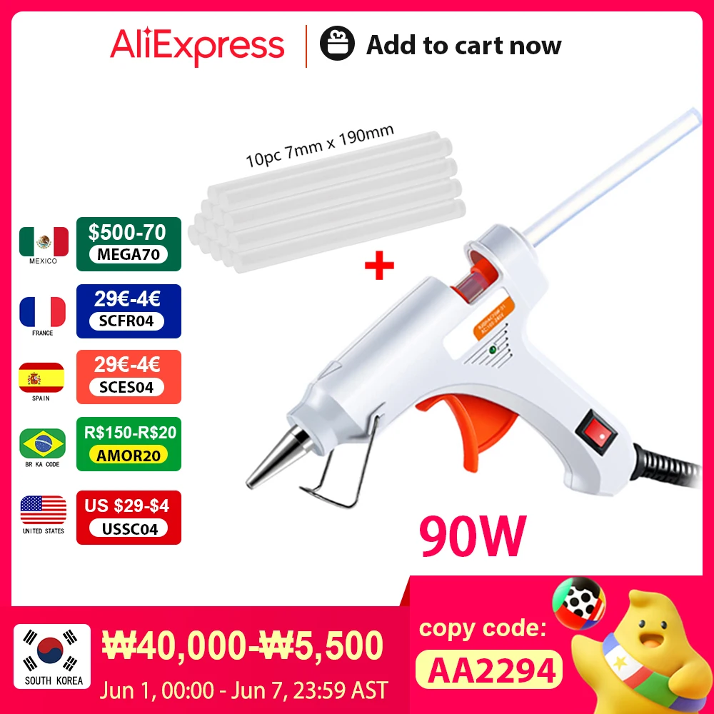 미니 산업용 접착제 핫 건, 전기 열 온도 건, 수리 도구, 7mm 접착제 스틱용 스위치 포함, 90W 핫멜트 글루건 