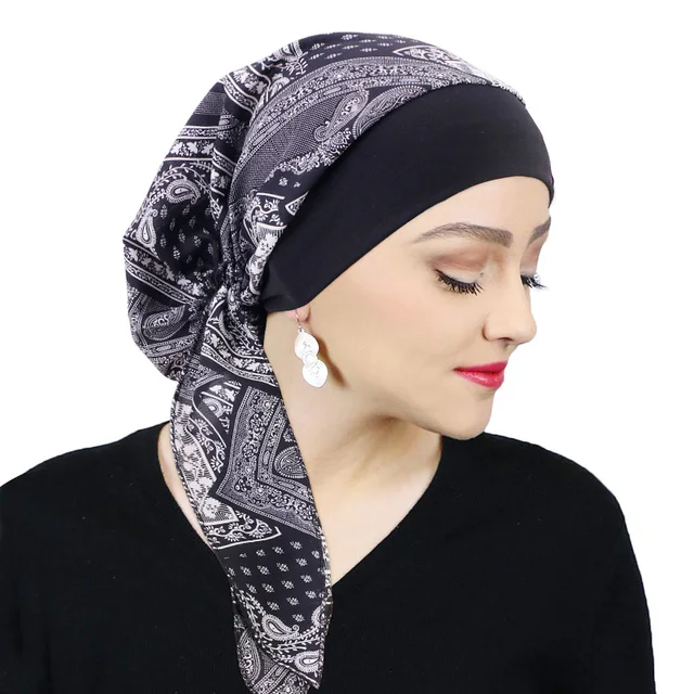 Women Printed Pre-tie Headscarf Elastic Muslim Female Turban Cancer Chemo Hat Hair Loss Cover Head Wrap Headwear Stretch Bandana 1