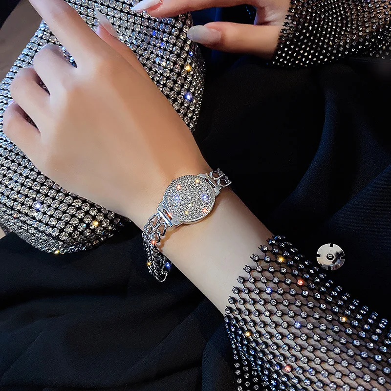 Fashion Bracelet Fashion Jewelry Luxurious Full of Rhinestone Clock Dial Bracelets For Women Shiny Crystal Gold Plated Bracelet Party Jewelry Gift