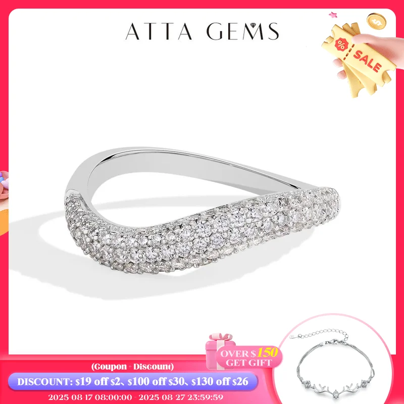 Moissanite Ring Silver Jewelry ATTAGEMS Sparkling Full D Color Moissanite Ring for Women VVS1 Lab Diamond Wavy Band S925 Sterling Silver Stackable Wedding Gift