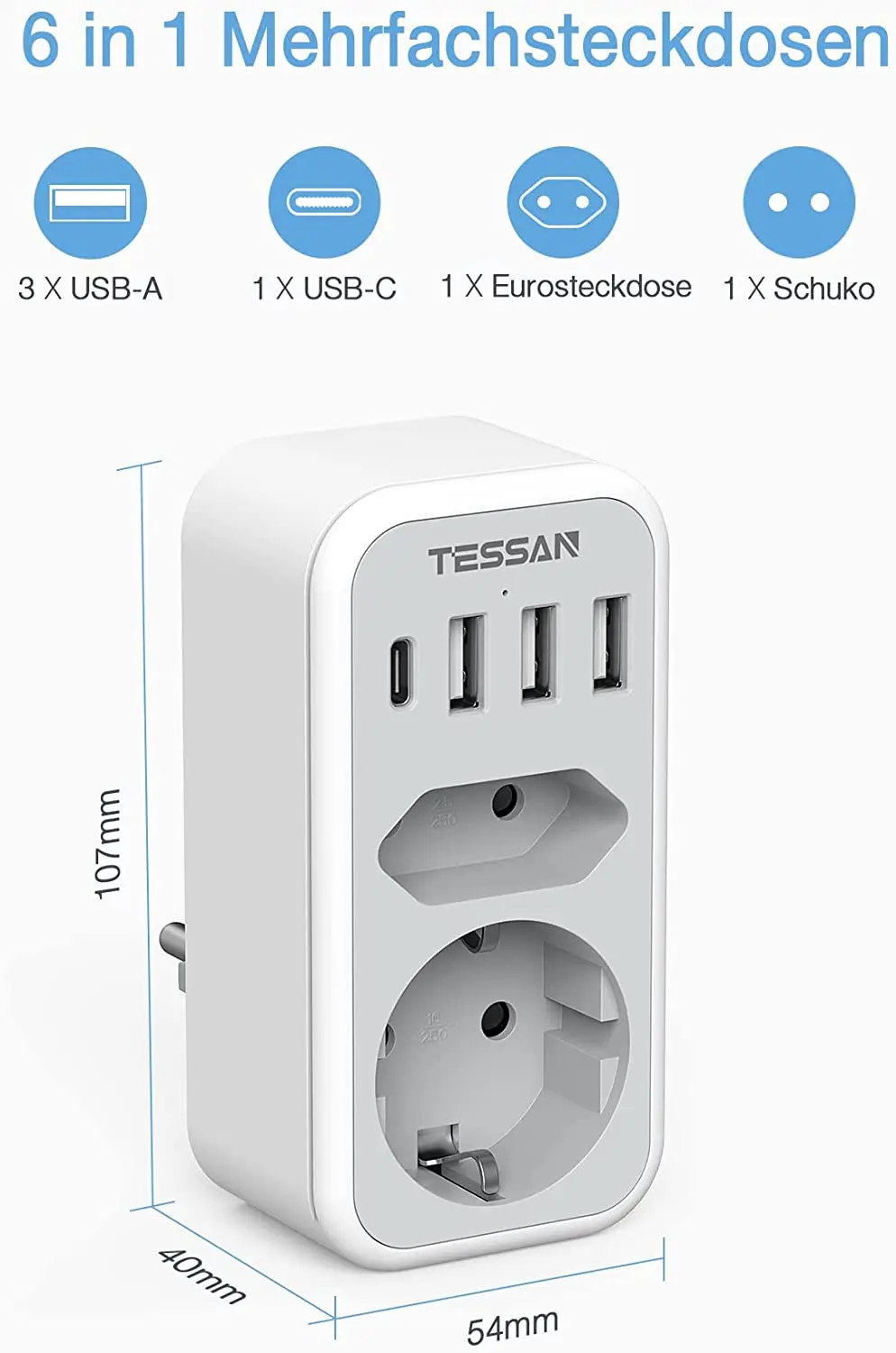 Vertical Wall Socket Extender 2 AC Outlets 3 USB Ports 1 Type C EU Plug Power Adapter