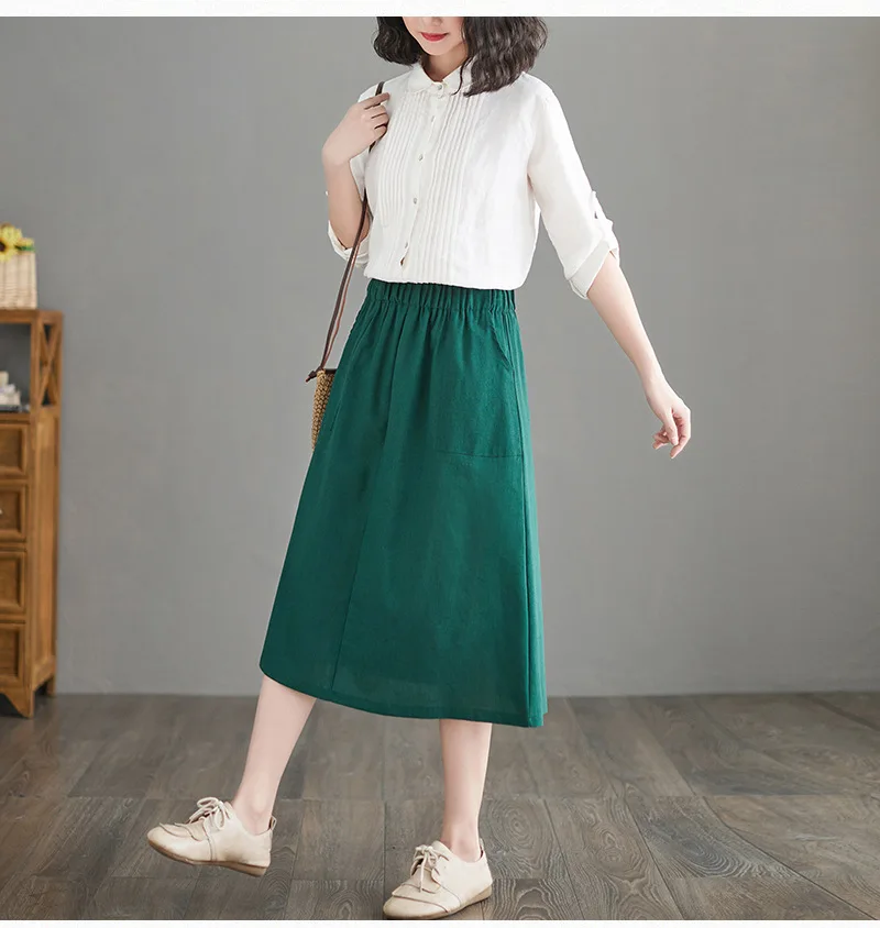 a line skirt Cotton Linen Skirt Women's Long Section 2022 New High Waist Skirt A-Line Linen Skirt Elastic Waist A-Line Skirt Skirts Womens black pleated skirt