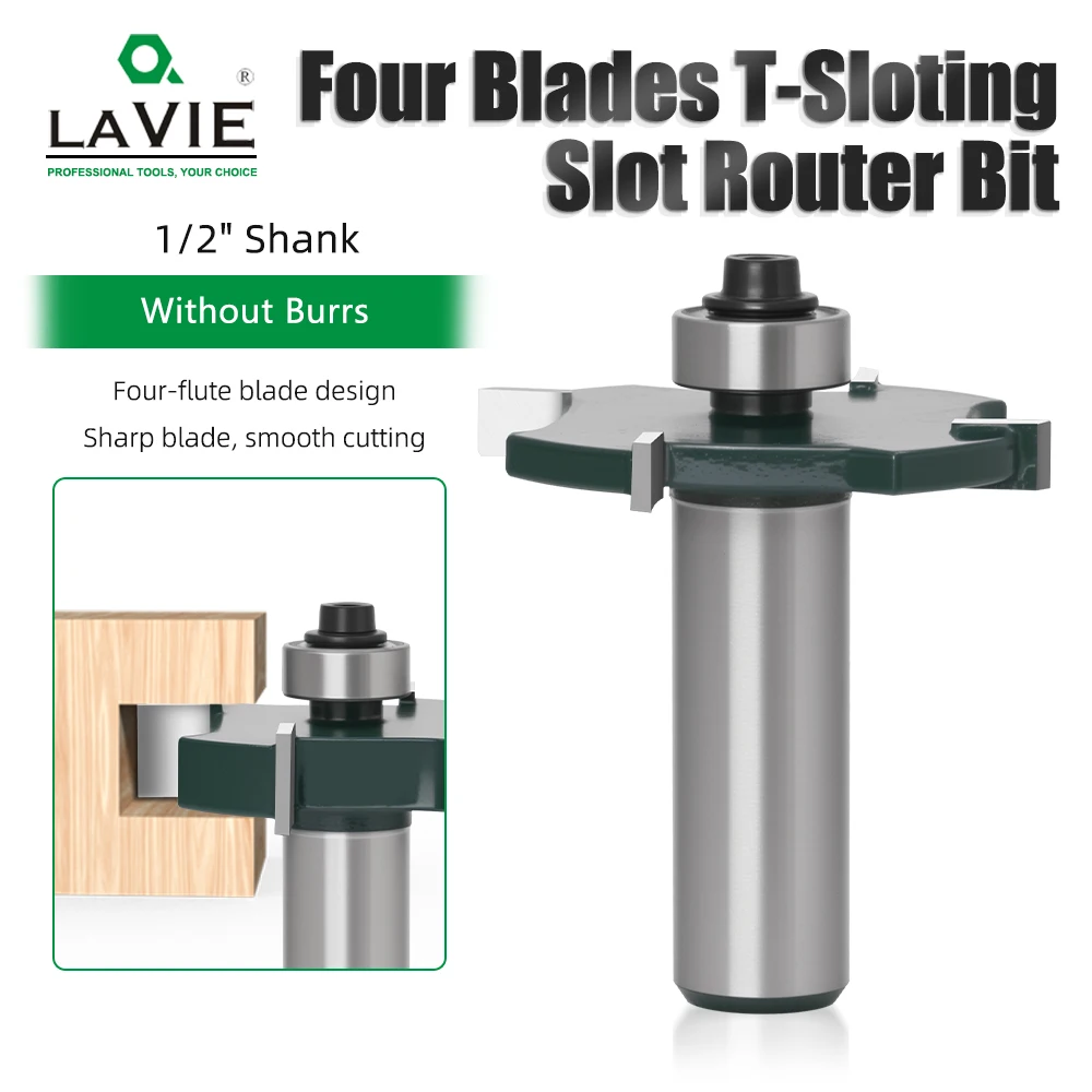 LAVIE 1 Stück 1/2" 12,7mm Schaft T-Profil-Fräser, 4-schneidiger Kugellager-gesteuerter T-Nutenfräser für Holzbearbeitung C13319Z443