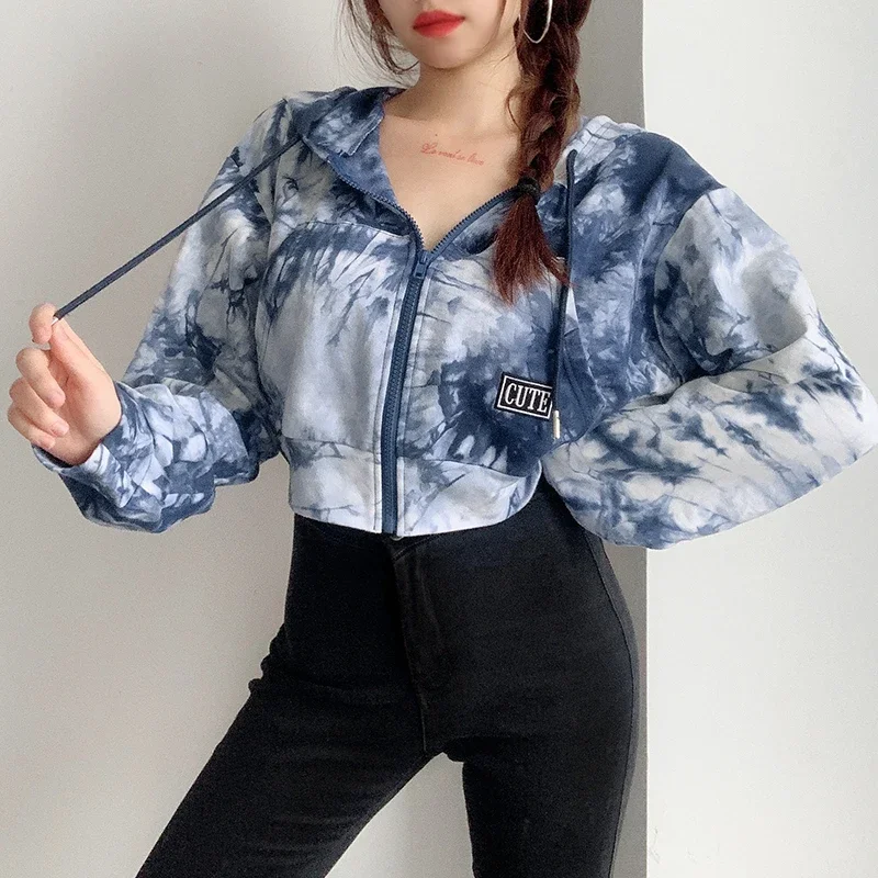 

Woman Sexy Tie Dye Zipper Hooded Pockets Hoodies Female Casual Loose Tops Fashion Drawstring Letter Labeling Streetwear Outfits