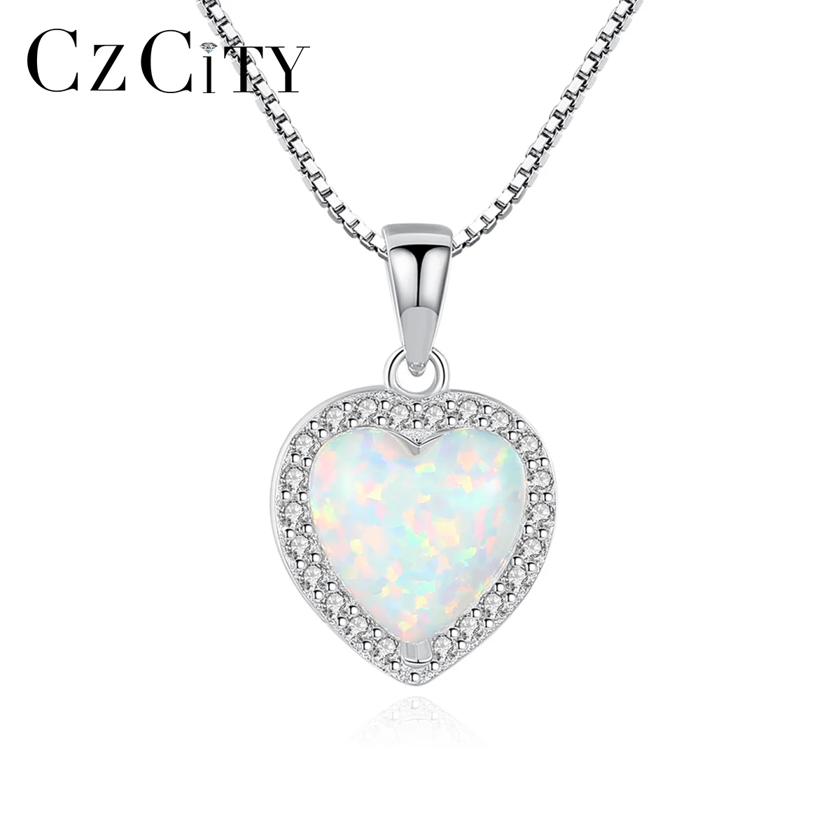 100% Sterling Silver Heart Opal Pendant Necklace for Women Charming Silver Chain Christmas Girls_voghion.com