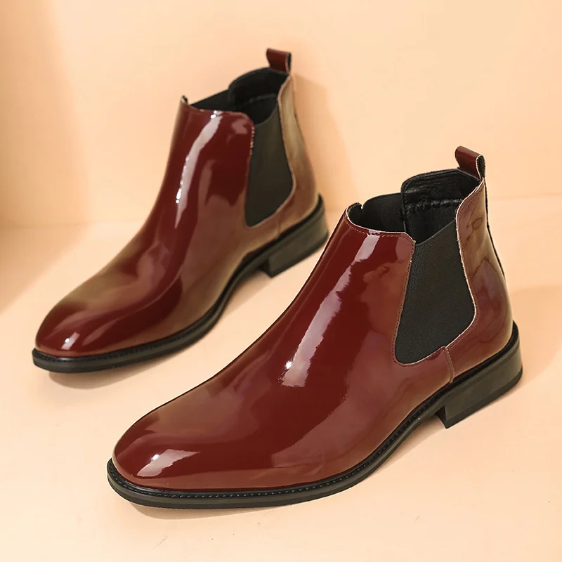 Chelsea Boots for Men Patent Leather Black Buckle Ankle Round Toe Business Classic Handmade Men Short Boots Botas De Hombre