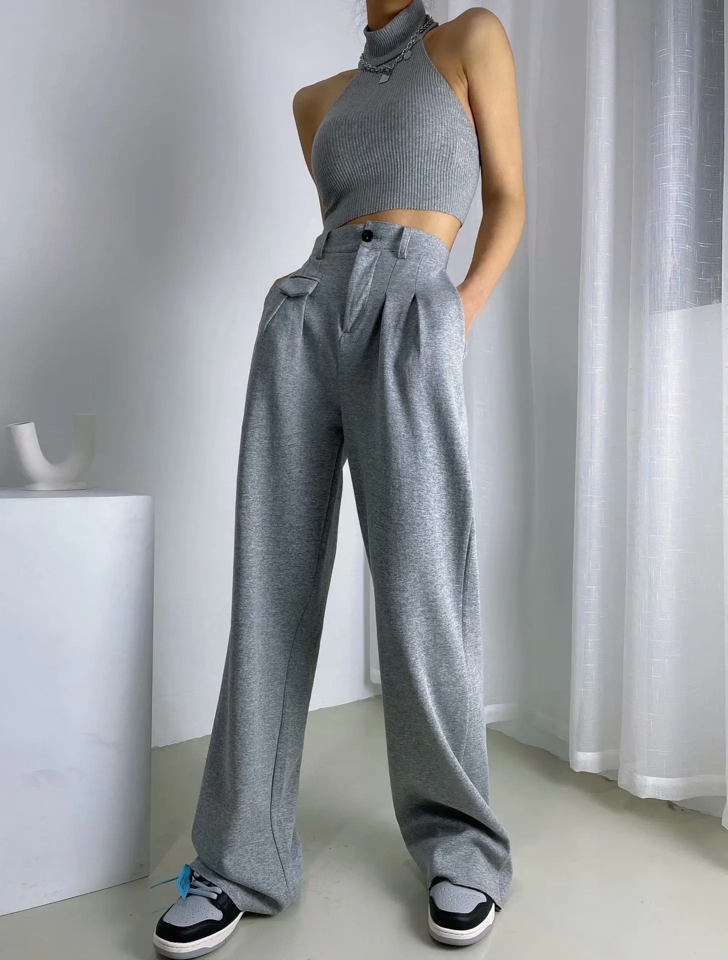 настенная плитка new trend konor gray wt9kon15 24 9x50 2023 Women Spring Fall New Elastic High Waist Wide-leg Gray Pants Loose Straight Trousers Trend Female Solid Color Jogging Pants