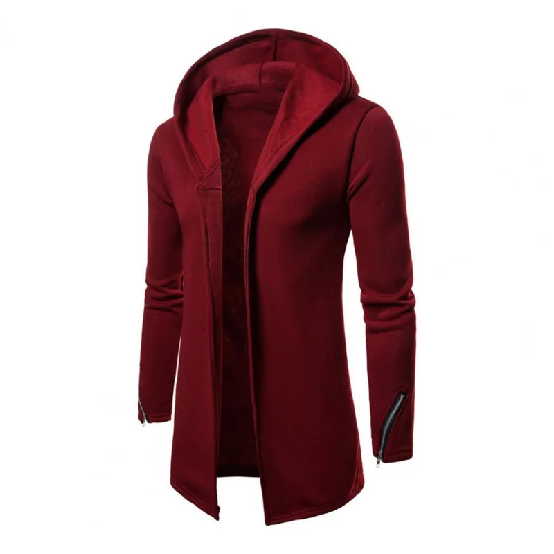 

Пальто мужское с капюшоном и длинными рукавами, повседневный однотонный теплый кардиган на молнии, с манжетами и открытым стежком, верхняя одежда, осень-зима