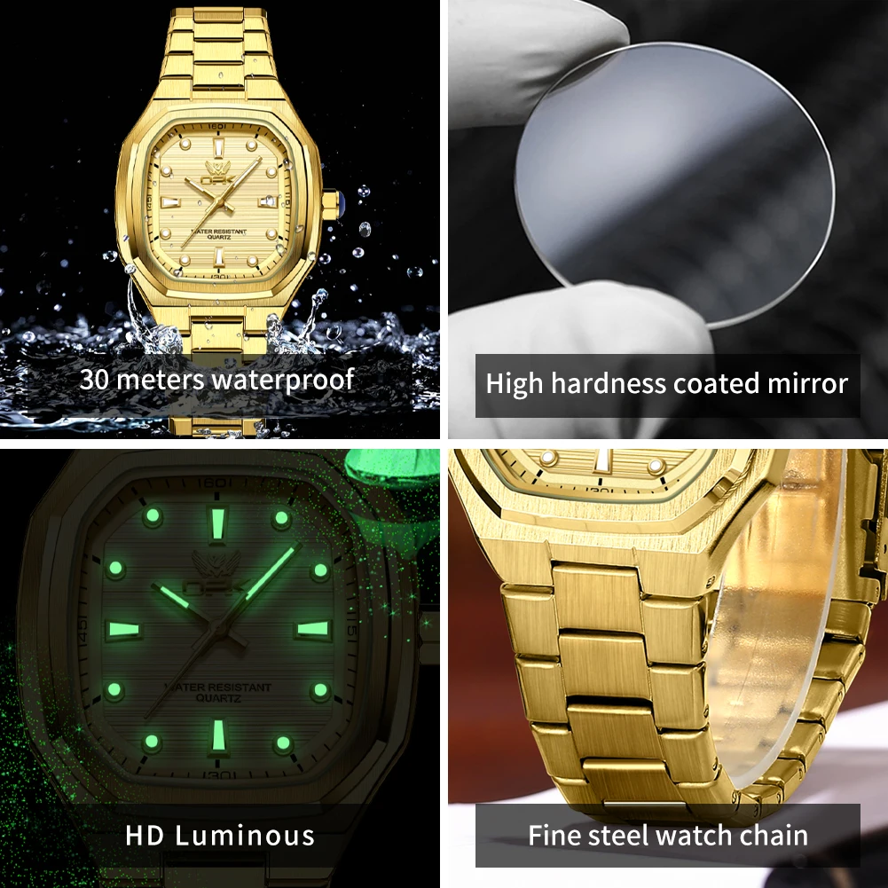 OPK 6044 Men's Wristwatch Gold Stainless steel Square Simple Waterproof Luminous Quartz Men Watch 4