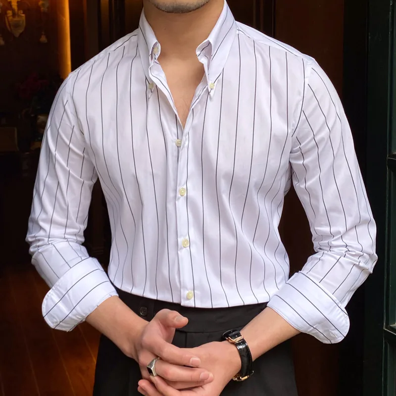

British Casual Stripe Shirt Slim Long Sleeve Shirt High Quality Trend Man Social Club Outfits Office Wedding Mens Casual Shirts