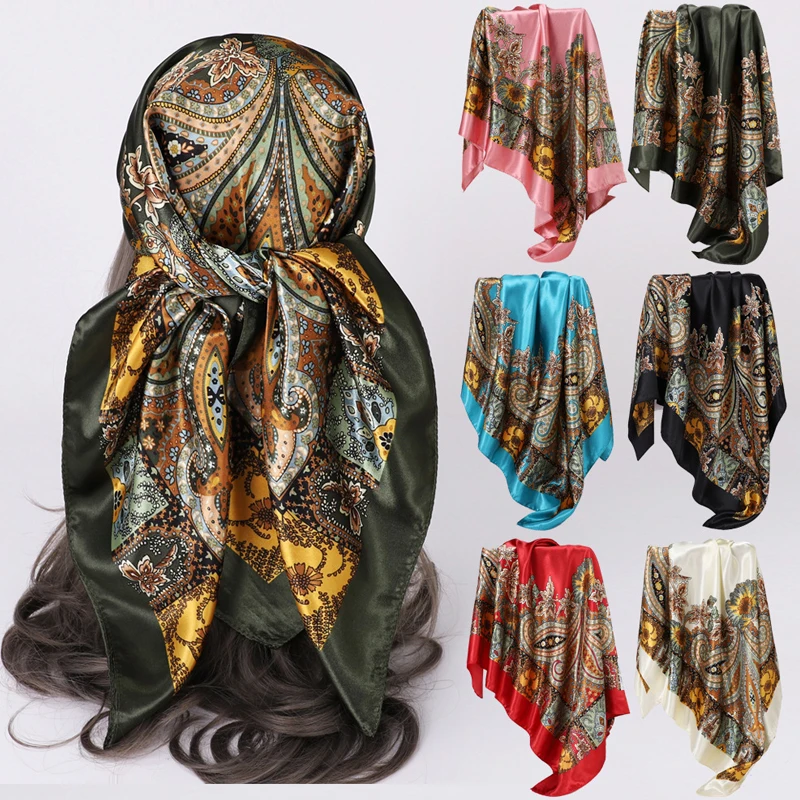 1PCS Pañuelos de Seda Cuadrados de 90*90cm para Mujer, Hijab, Chales, Estampado de Moda, Pañuelo para la Cabeza, Foulard, Bandana, Pareo de Playa