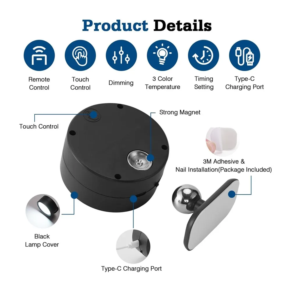 Led Wall Lamp Touch Control IR Remote 360 Rotatable USB Recharge Wireless Portable Night Light For Bedside Bedroom Reading Lamp 6