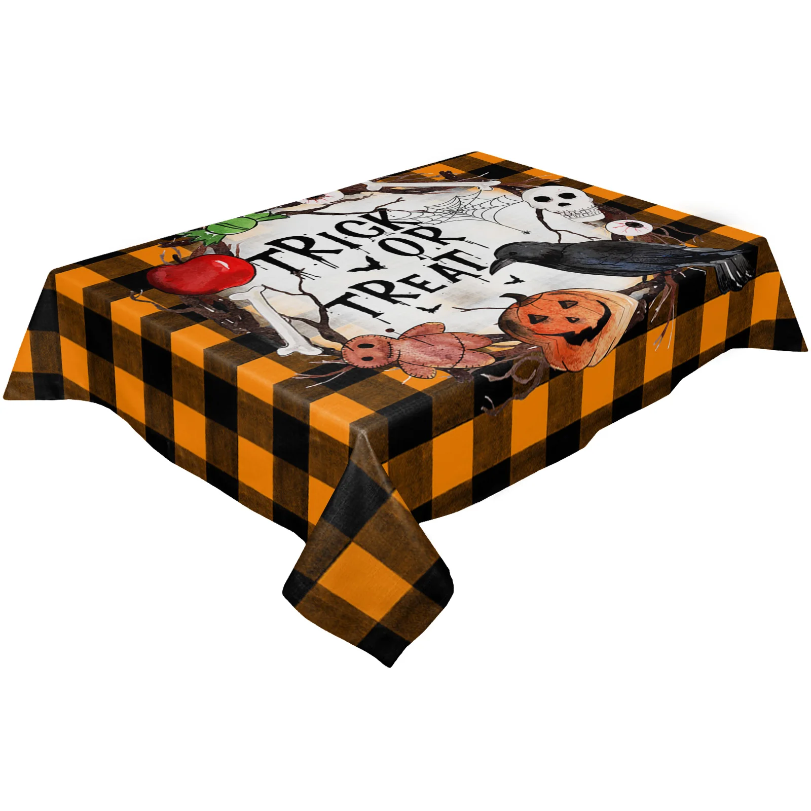 

Halloween Trick or Treat Orange Plaid Pumpkin Crow Table Cloth Waterproof Dining Table Kitchen Home Decor Tablecloth Tapete