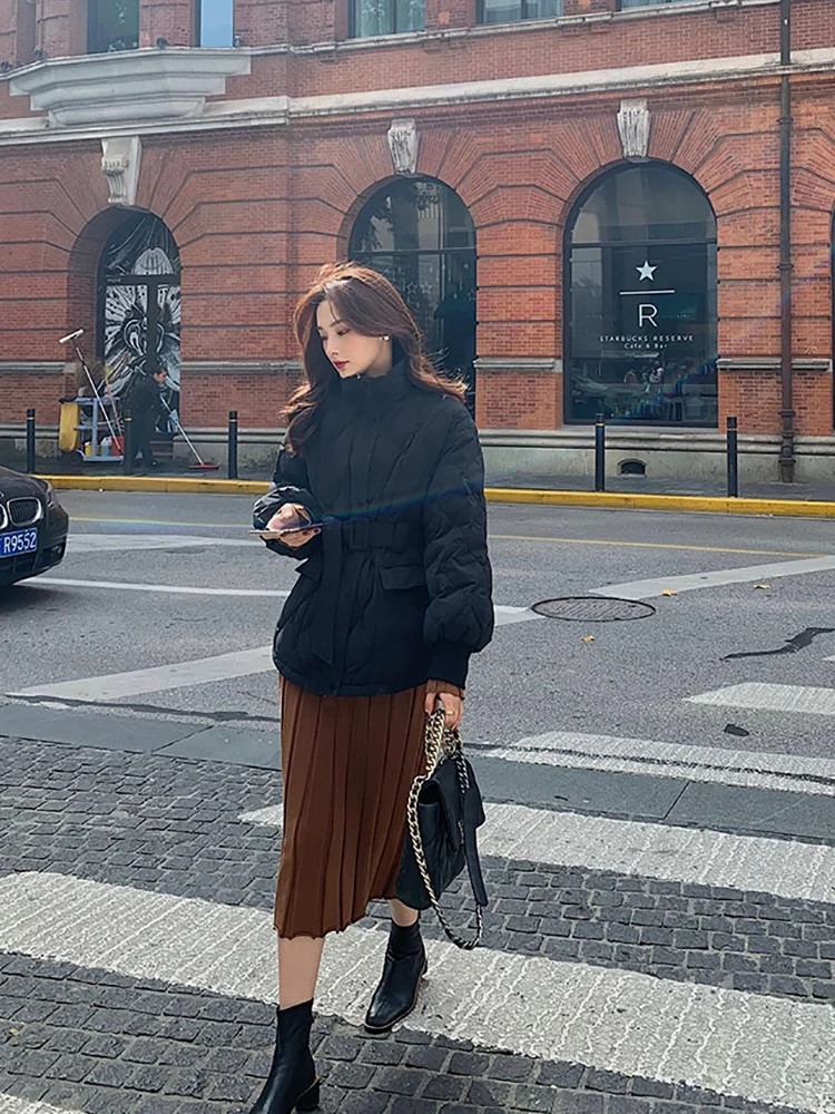 Casual Cotton Down Jacket Women Winter Parkas Loose Solid Women Coat Streetwear Adjustable Waist Jacket Female Chic Outerwear